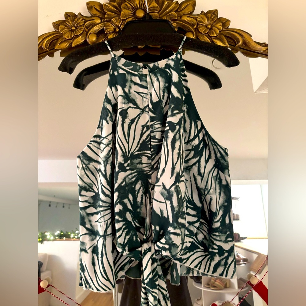 Mahina tie front top, green and white print